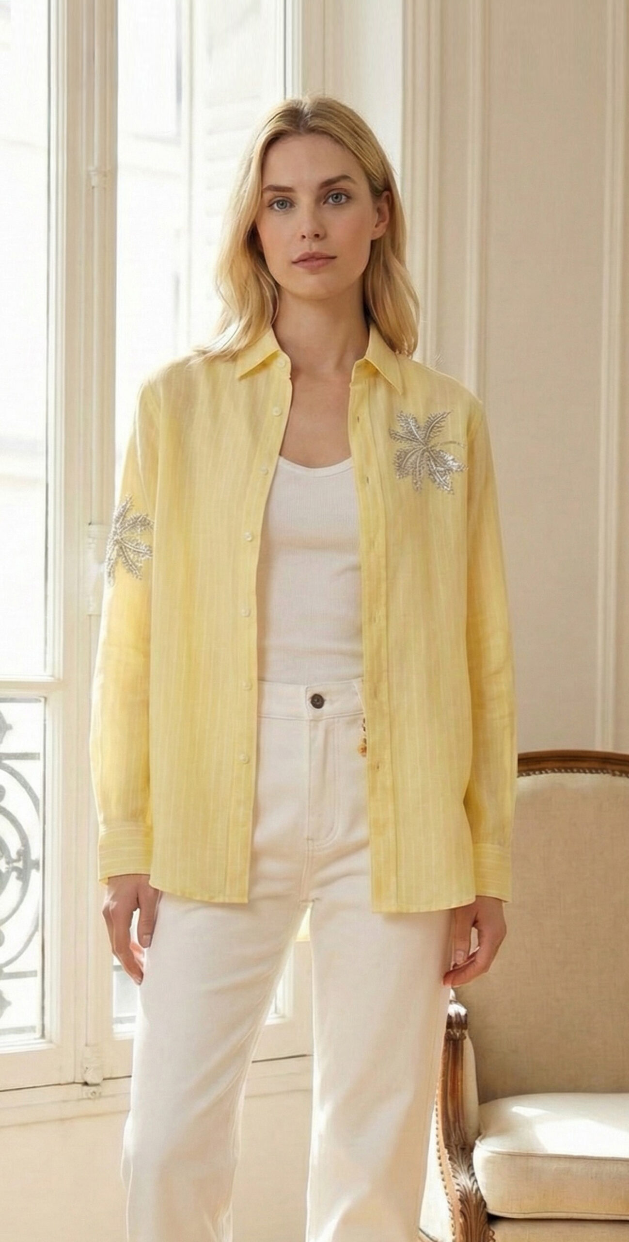 camicia gialla donna in lino con paillettes